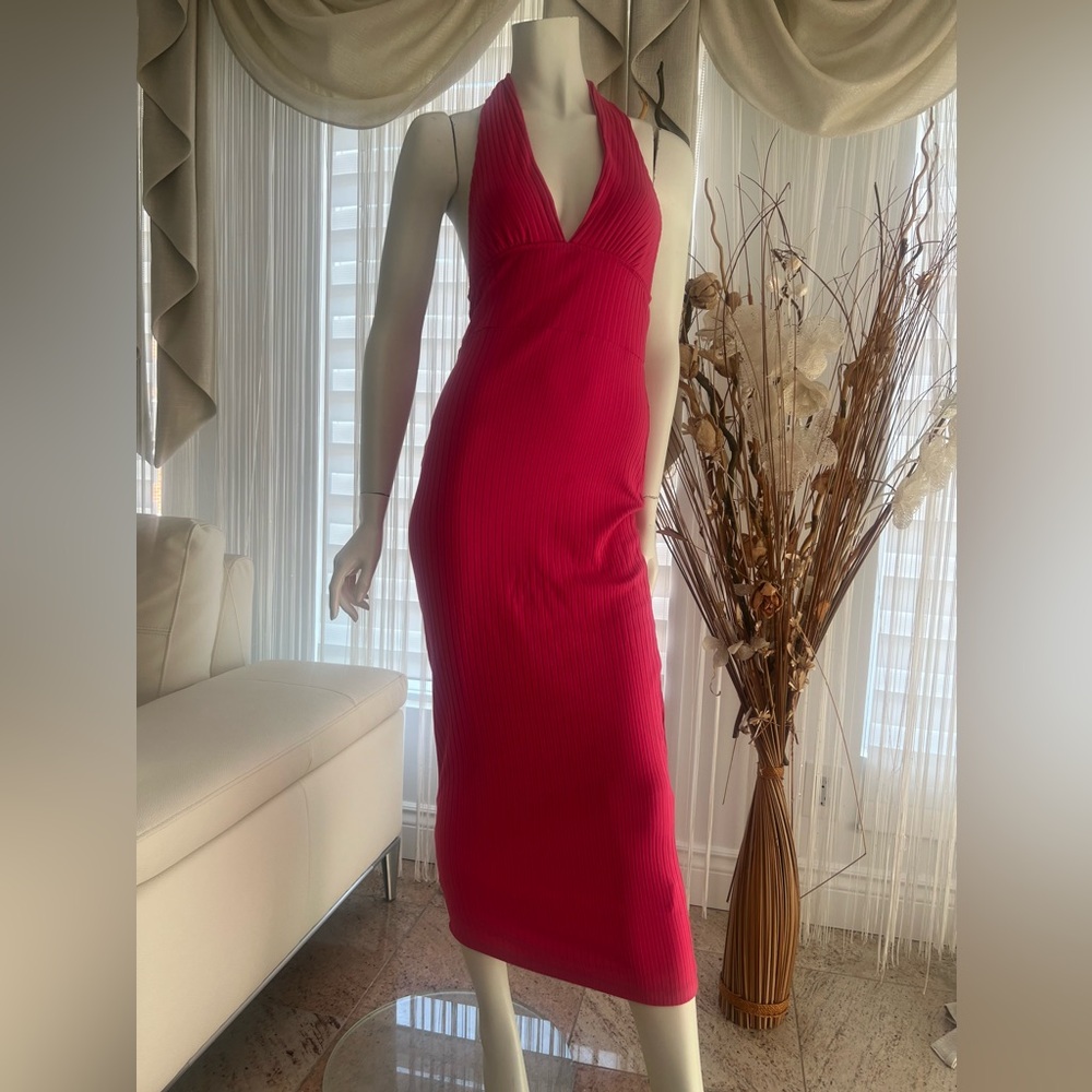 COPY - Pink Ribbed Knit Tie Backless Halter Bodycon  Pencil Dress